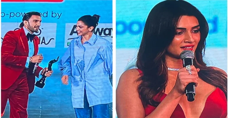 সেরা অভিনয়শিল্পী হয়েছেন রণবীর ও কৃতি (ডানে)। স্বামী রণবীর পুরস্কার গ্রহণের সময় মঞ্চে ছিলেন দীপিকা